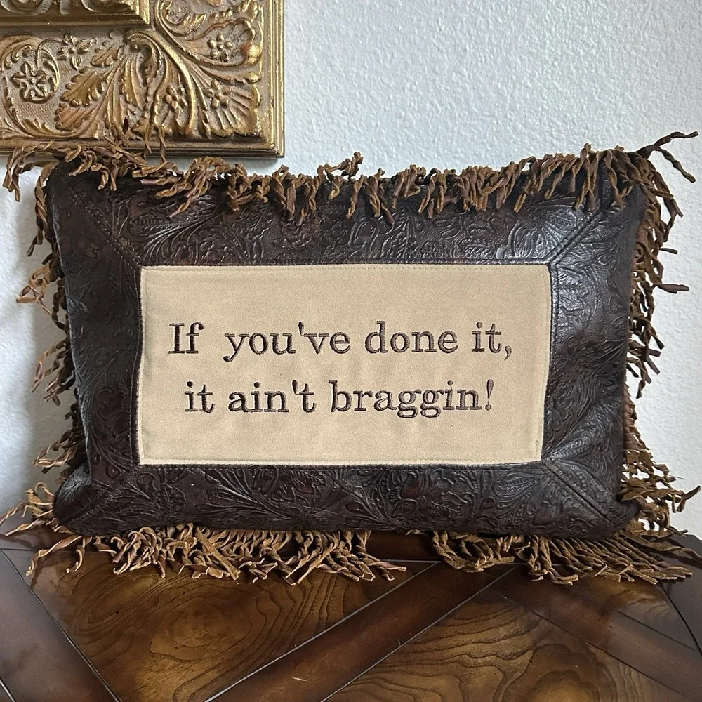 Double D Ranch Home Accent Pillow 18x12 Inch Tooled Leather Fringe USA Humor